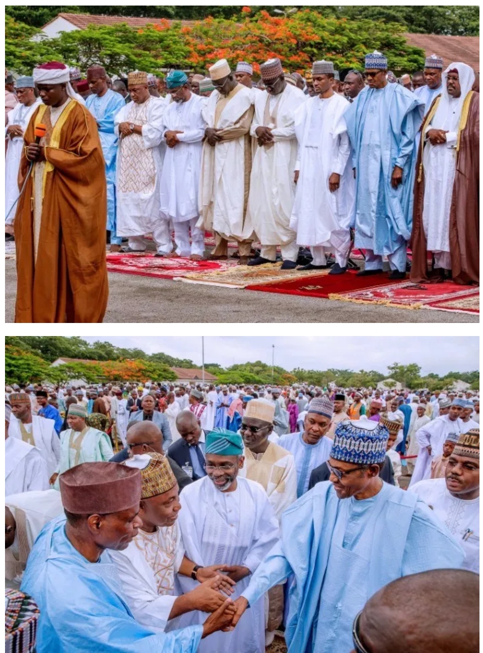 President Buhari  at the Mabilla Baracks for Eid el-fitr prayers .
